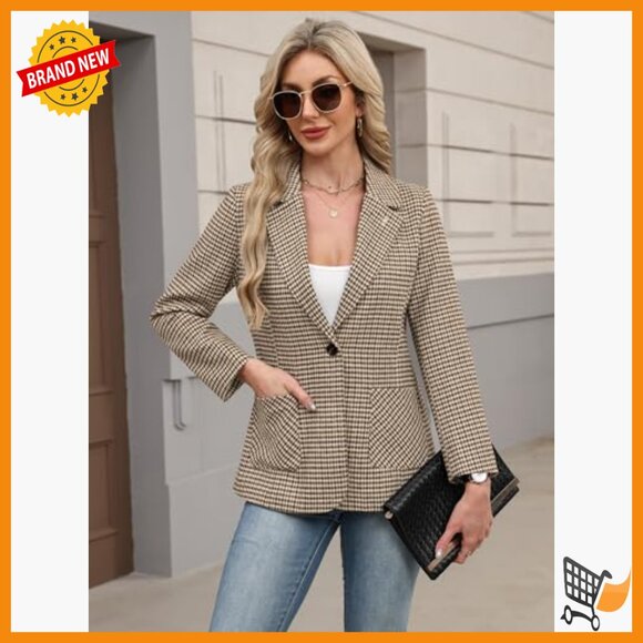 Women's Plaid Blazer Embroidered Collar Houndstooth Business Casual Jacket - Picture 5 of 7